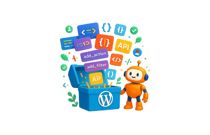 WordPress code concepts illustration showing PHP functions, hooks, and custom code examples with friendly robot mascot and WordPress logo toolkit