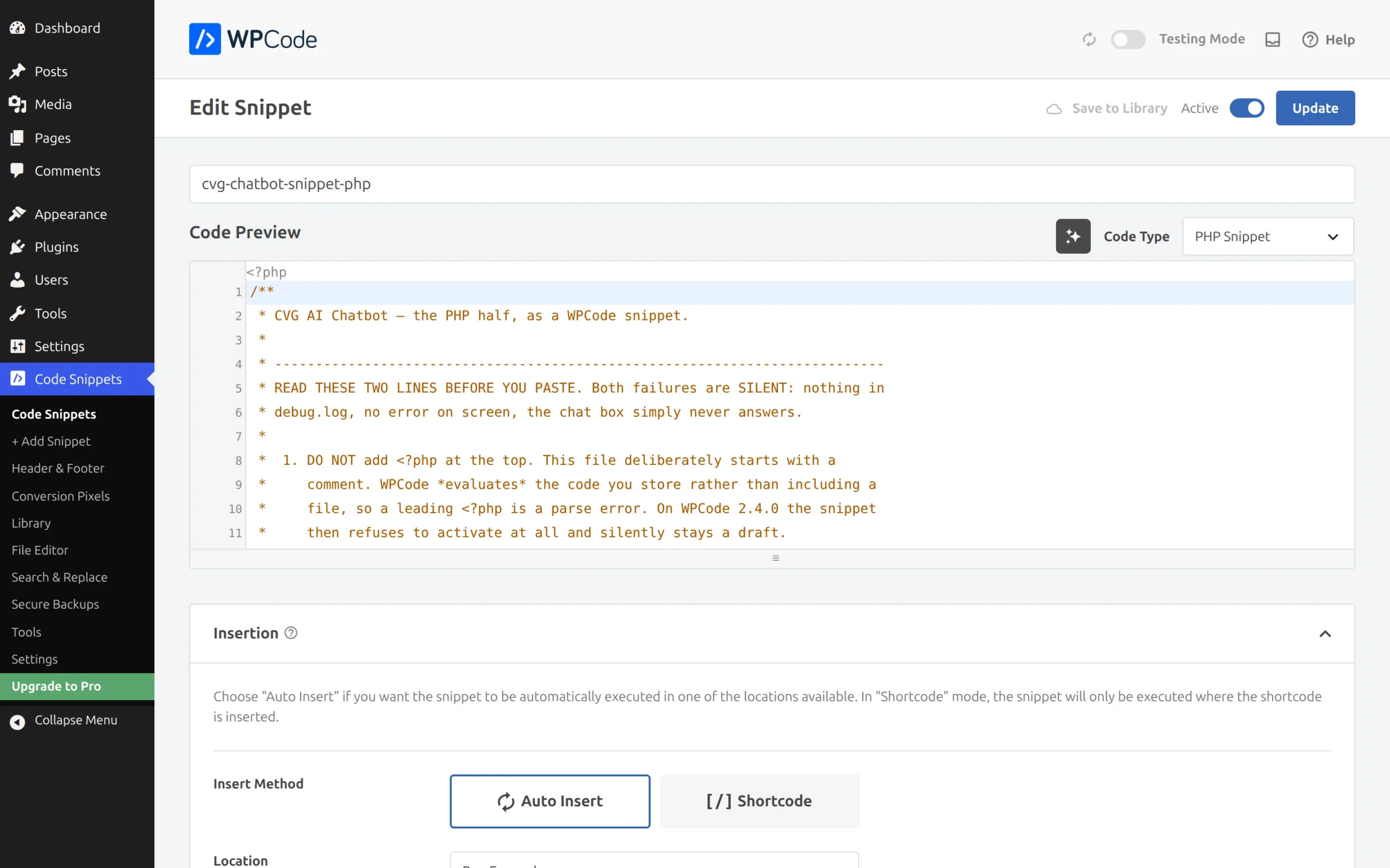 WPCode snippet editor with the chatbot PHP pasted in and the location set to Run Everywhere
