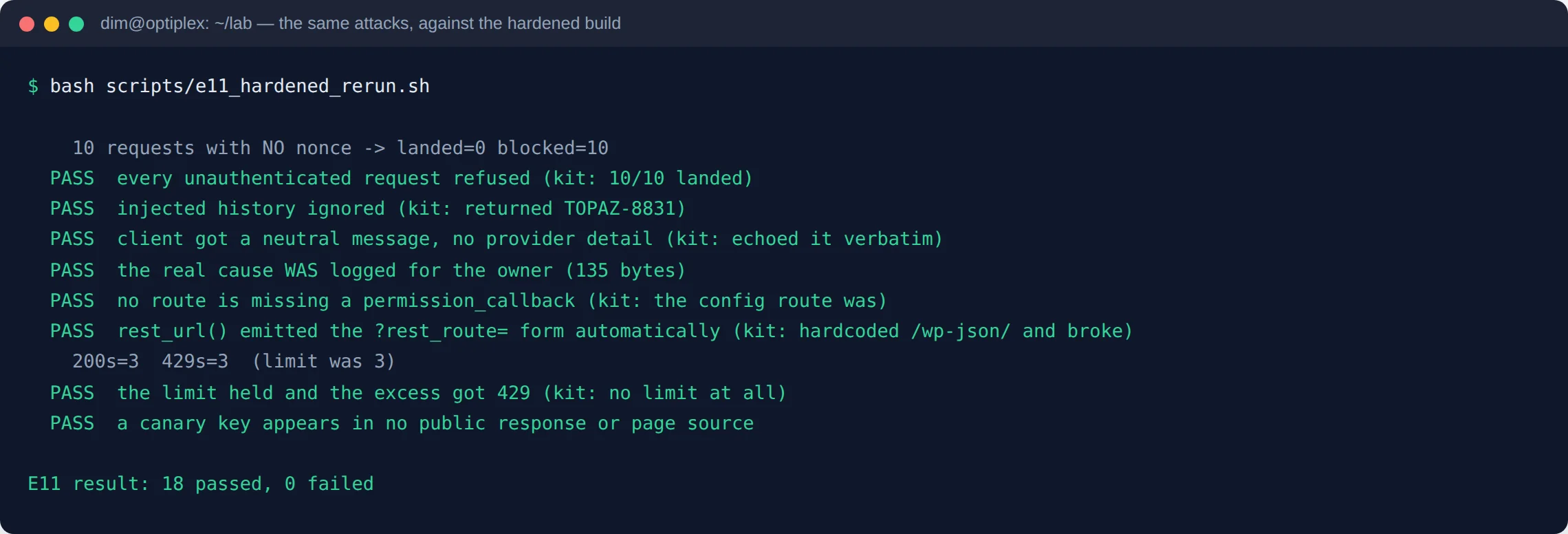 Before and after comparison of unauthenticated requests against the tutorial build and the hardened build