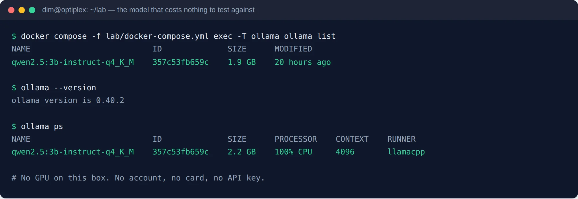 Terminal showing a local Ollama model loaded and running on CPU
