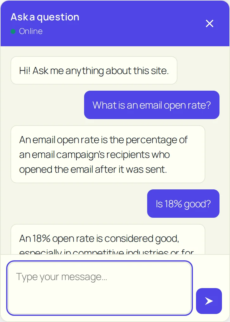 The finished chat widget open on a page, holding a real conversation