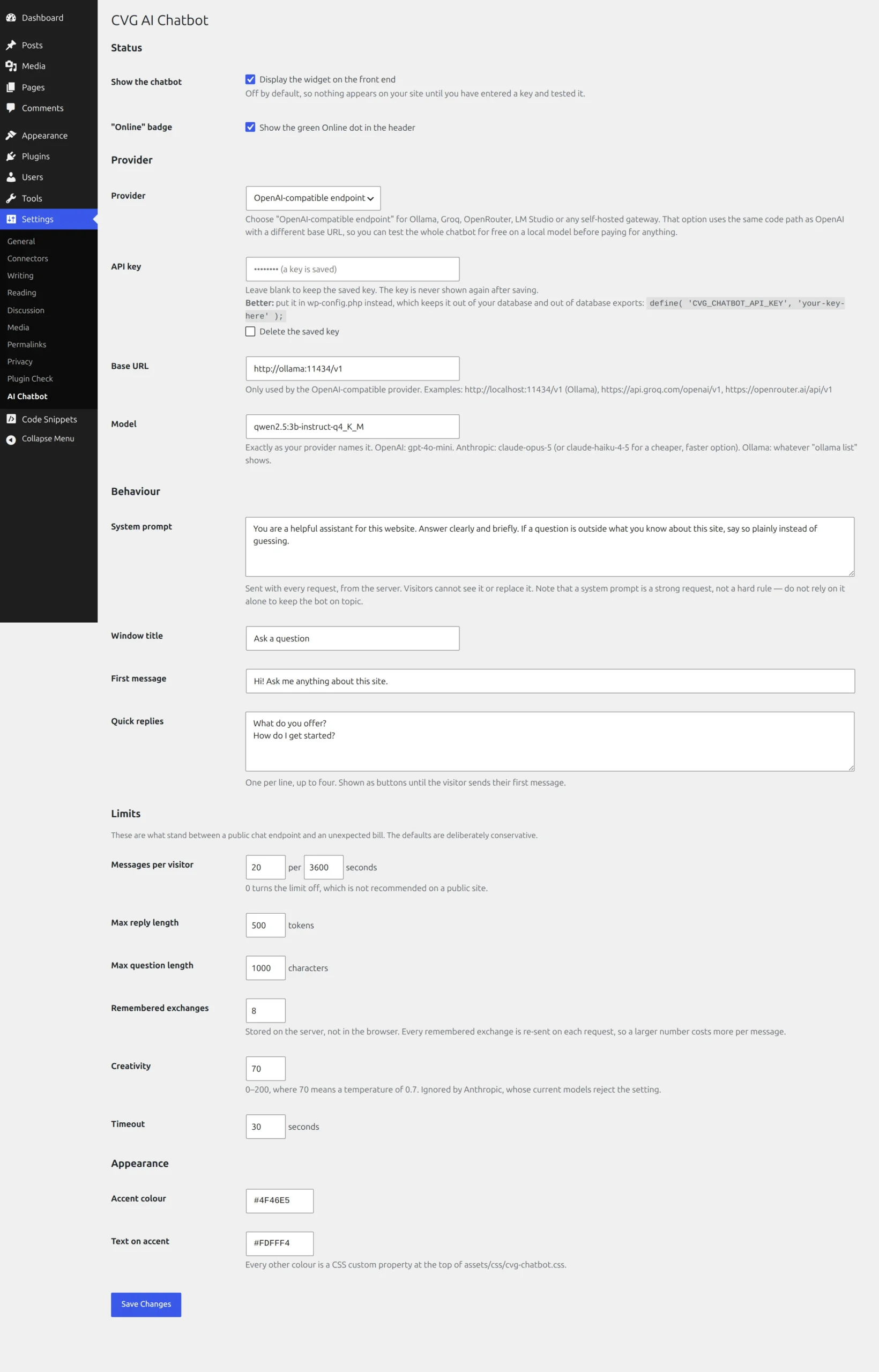 The chatbot settings screen showing the prompt, model, colours, limits and quick replies