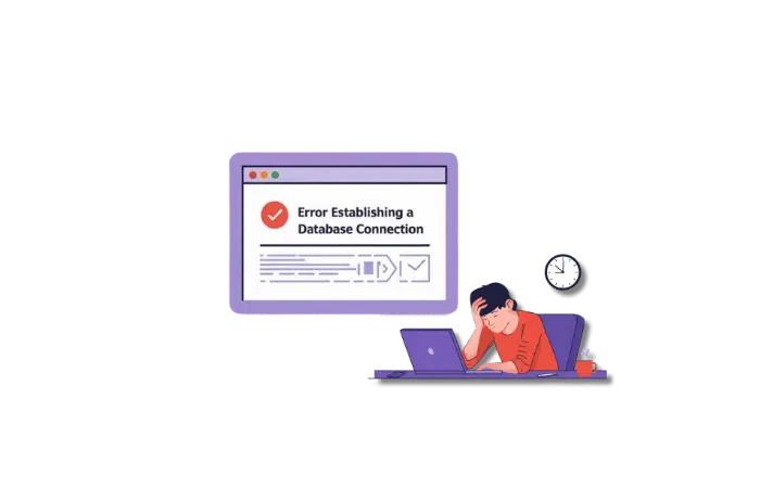 Frustrated web developer at 3 AM troubleshooting WordPress database connection error on laptop with coffee cup