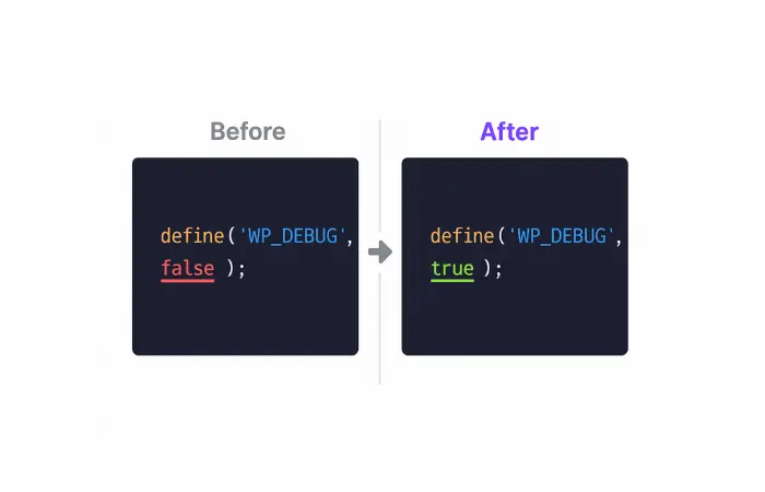 How to enable WordPress debug mode by changing WP_DEBUG from false to true in wp-config