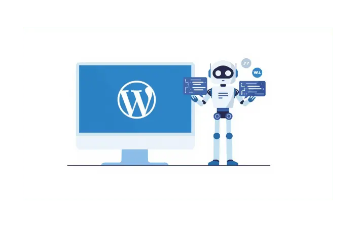 WordPress AI code snippets tutorial showing computer with WordPress logo and AI assistant generating custom code to replace page builders