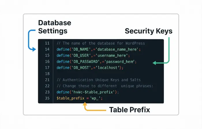 WordPress wp-config.php file structure showing database credentials, authentication keys, and configuration settings