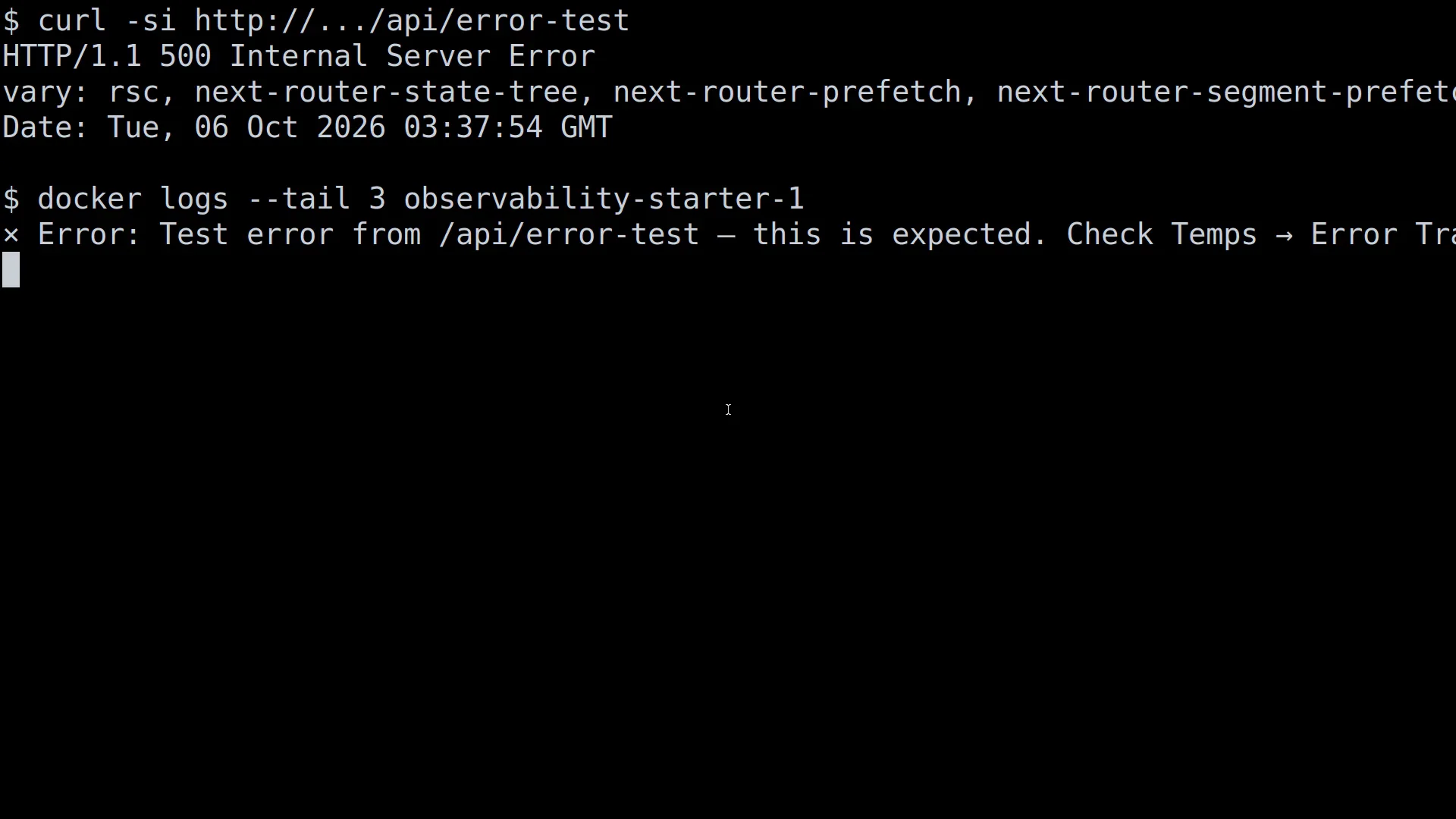 A real 500 error, actually thrown and actually caught, with the app's own log naming where to look