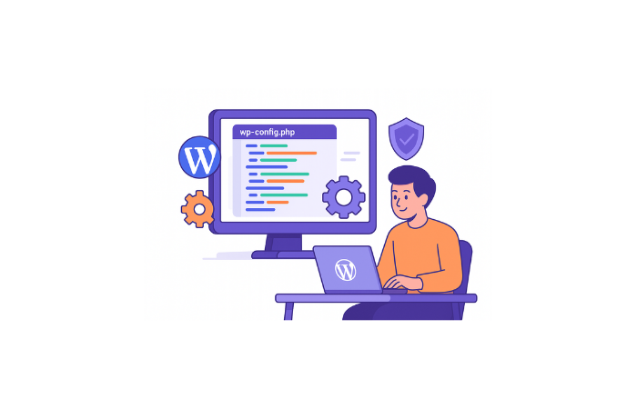 WordPress developer editing wp-config.php file on computer with security and configuration icons