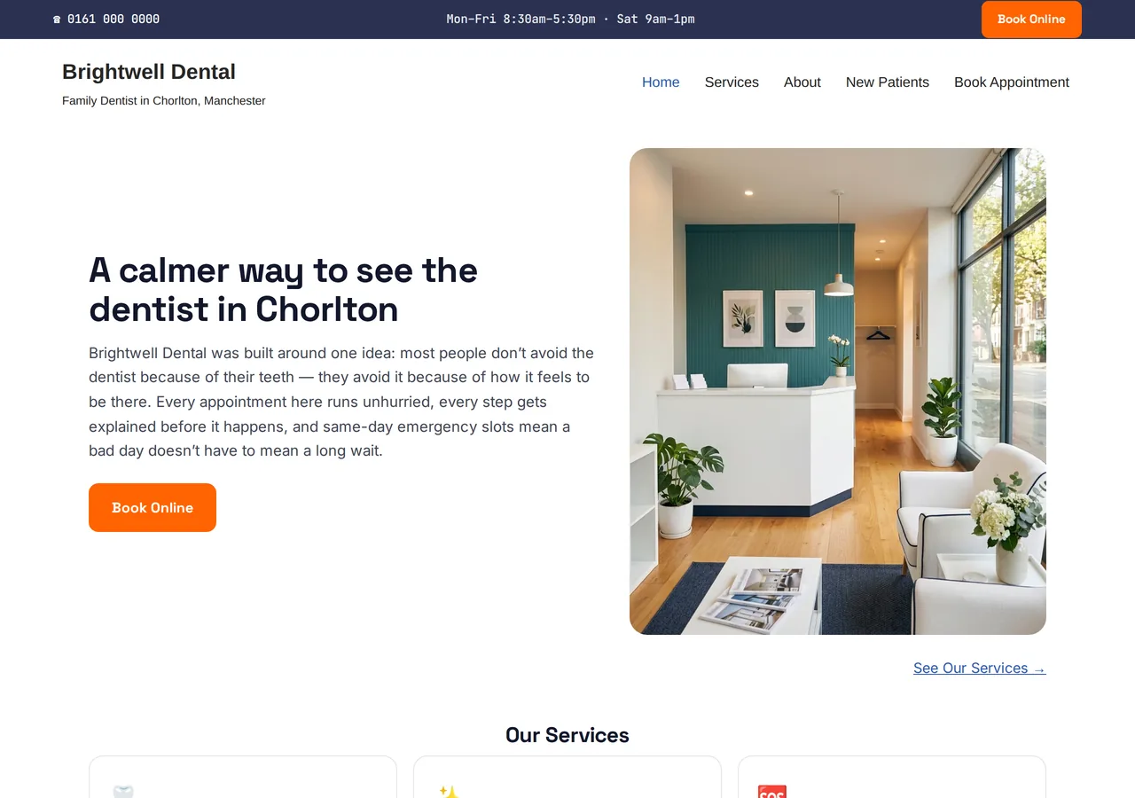 Screenshot of Brightwell Dental, a family dental practice site