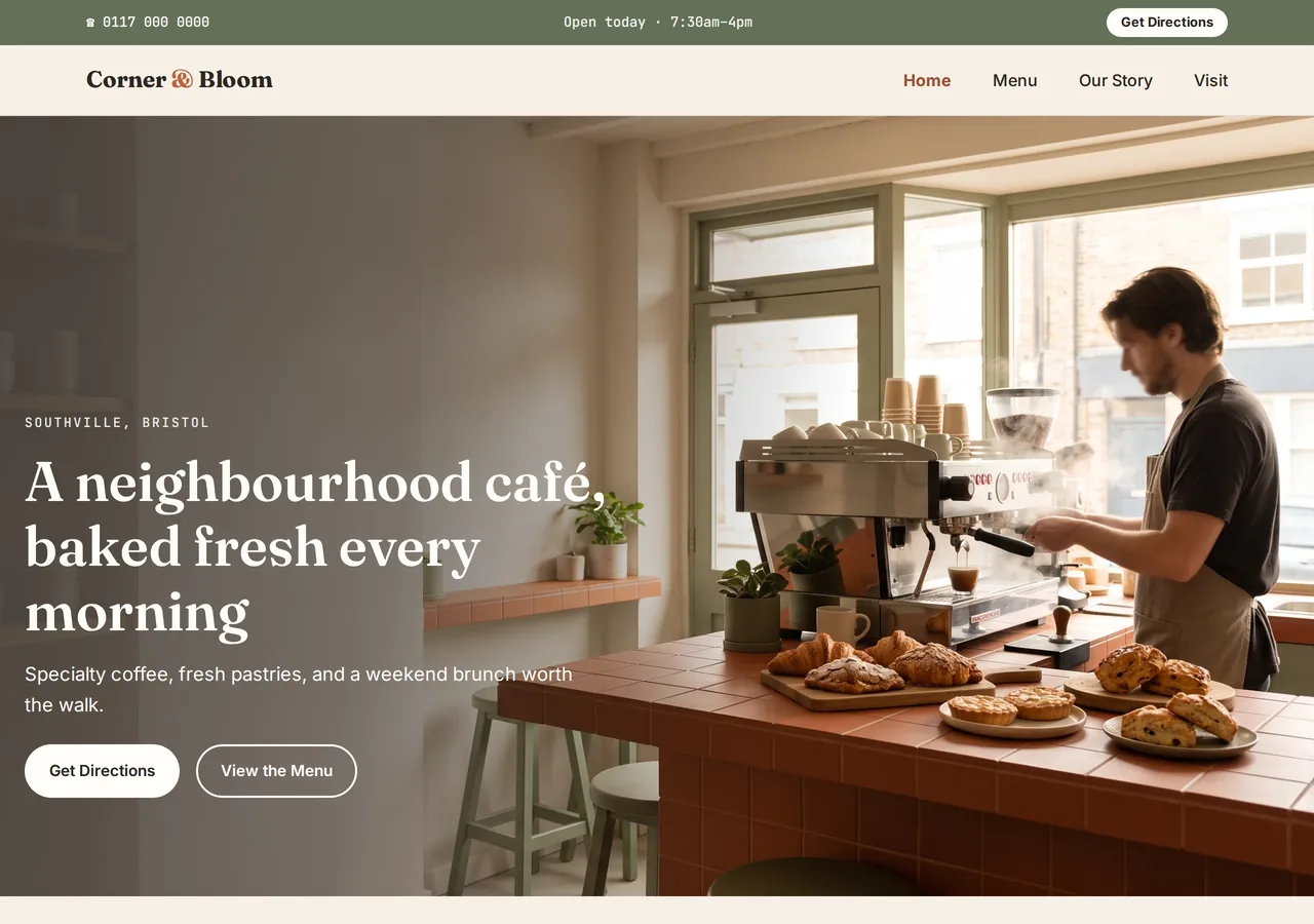 Screenshot of Corner & Bloom, an independent café and bakery site
