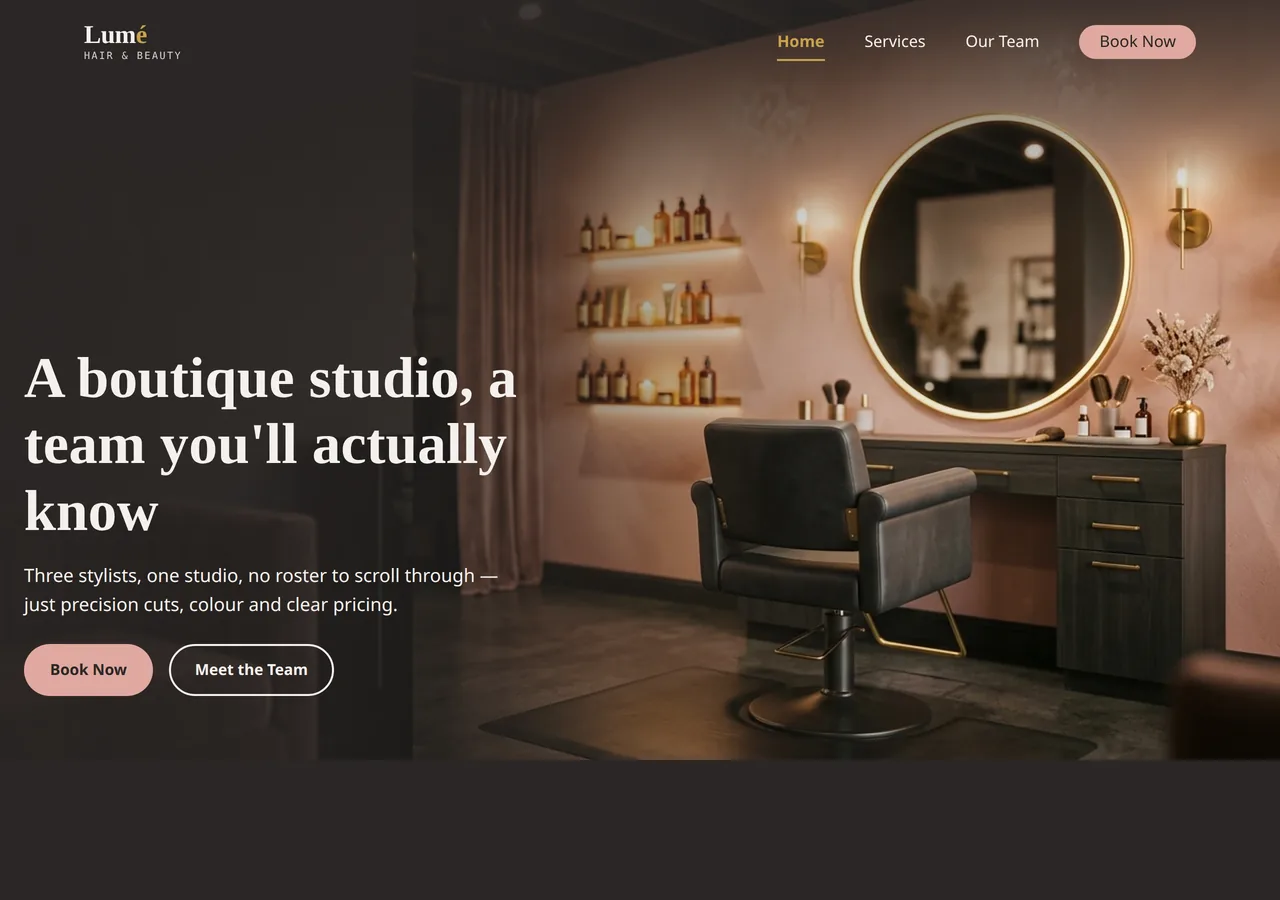 Screenshot of Lumé Hair & Beauty, a boutique hair salon site