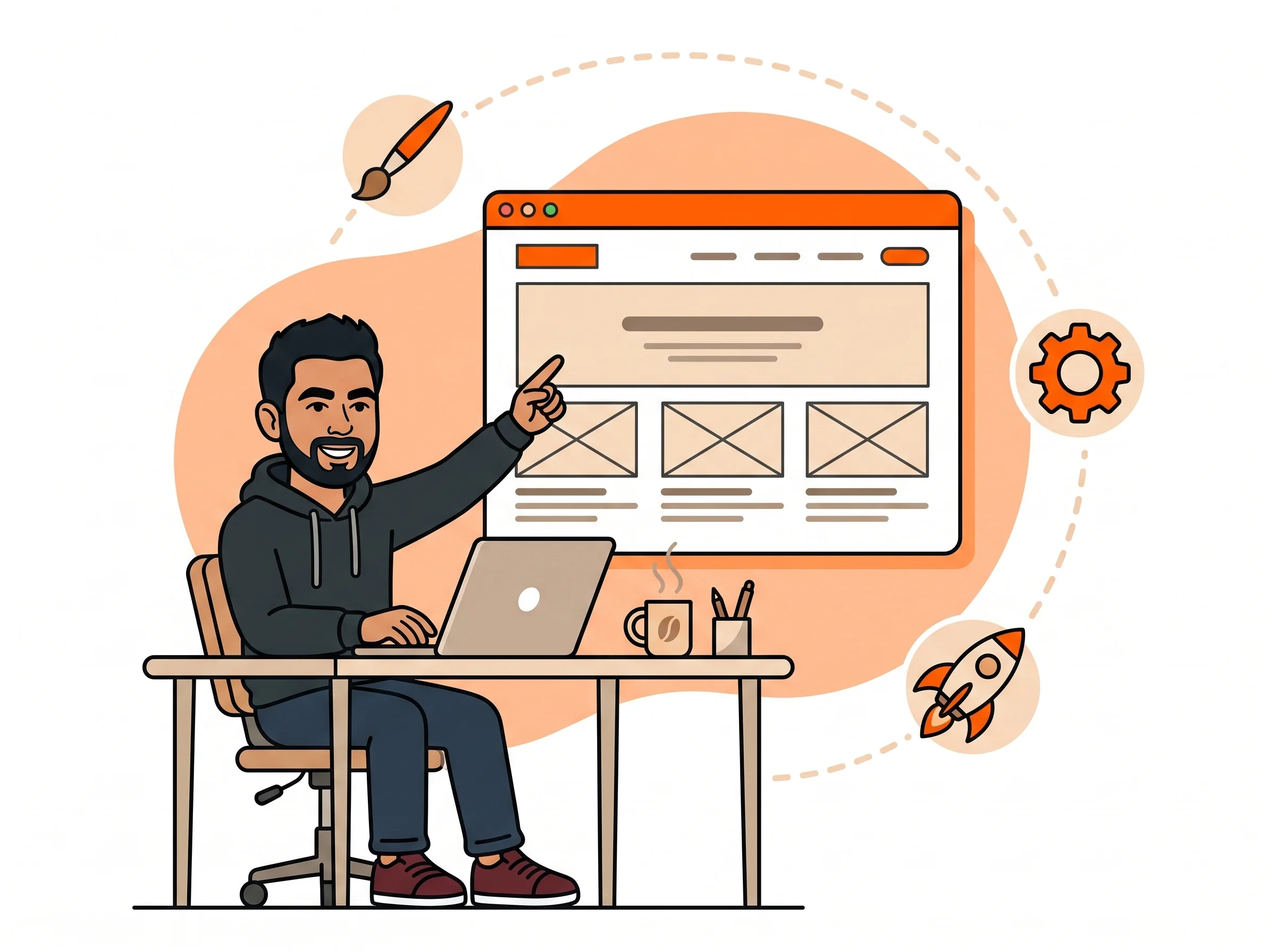 Comic Dimu building a website on a laptop