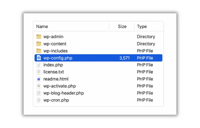 wp-config.php file location in WordPress root directory showing file structure via cPanel File Manager